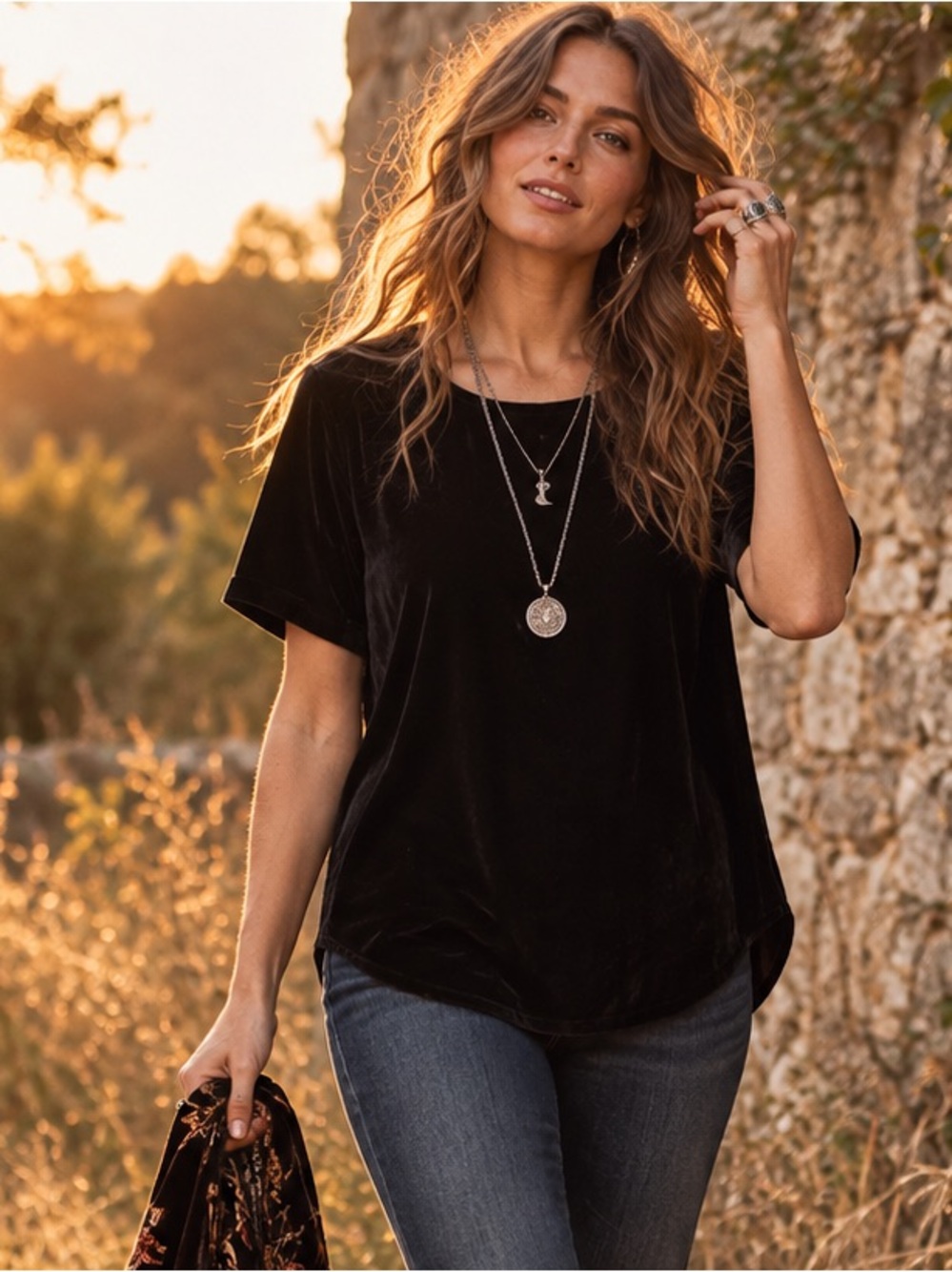 Banana Republic Black Velvet Short Sleeve Boho Top Medium